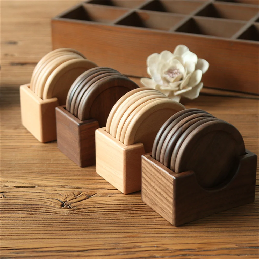 WOODEN COASTER SET WITH HOLDER – NATURAL ELEGANCE FOR YOUR TABLE