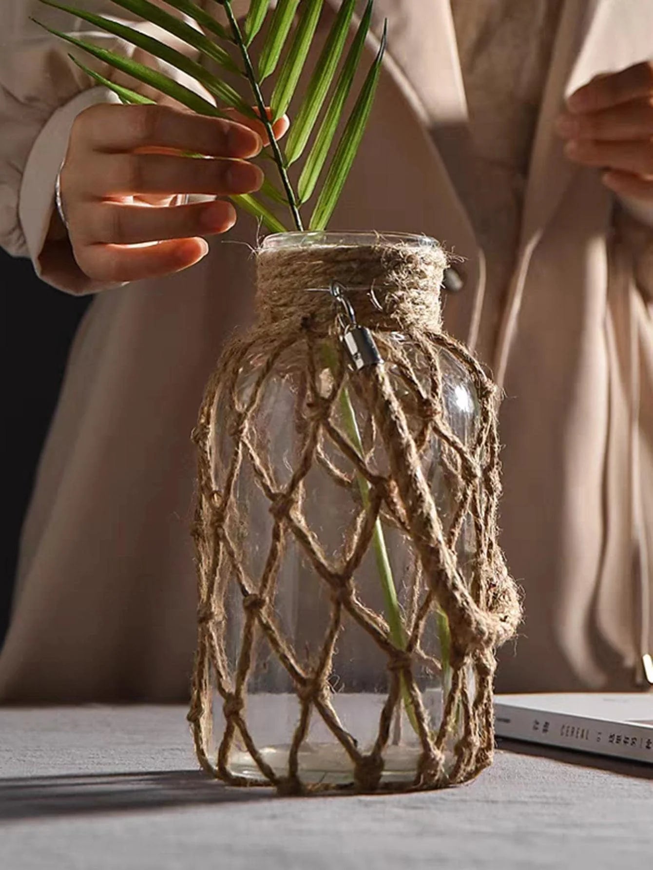 GLASS DECORATIVE JAR WITH RUSTIC ROPE – BOHO VINTAGE STYLE