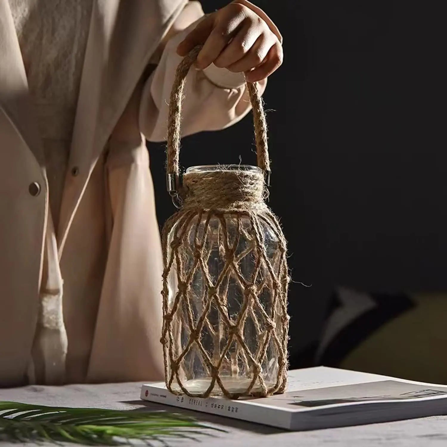 GLASS DECORATIVE JAR WITH RUSTIC ROPE – BOHO VINTAGE STYLE