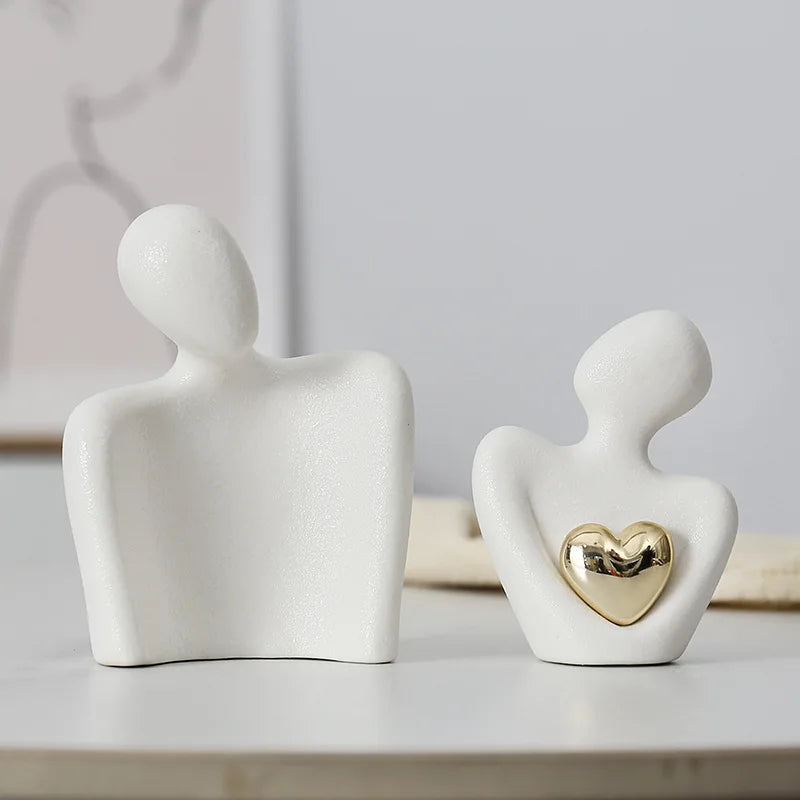 LOVING COUPLE DECORATIVE SCULPTURES – SET OF 2 MINIMALIST CERAMIC PIECES