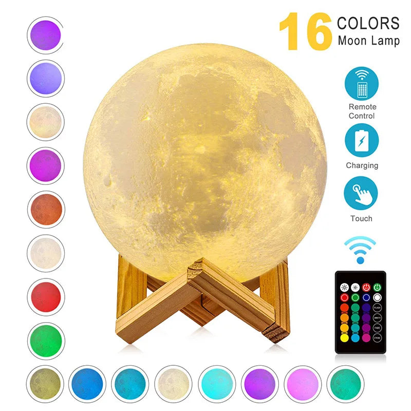 RECHARGEABLE 3D MOON LAMP WITH 2 OR 16 COLORS - TOUCH OR REMOTE CONTROL