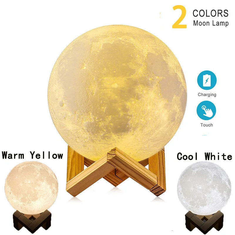RECHARGEABLE 3D MOON LAMP WITH 2 OR 16 COLORS - TOUCH OR REMOTE CONTROL