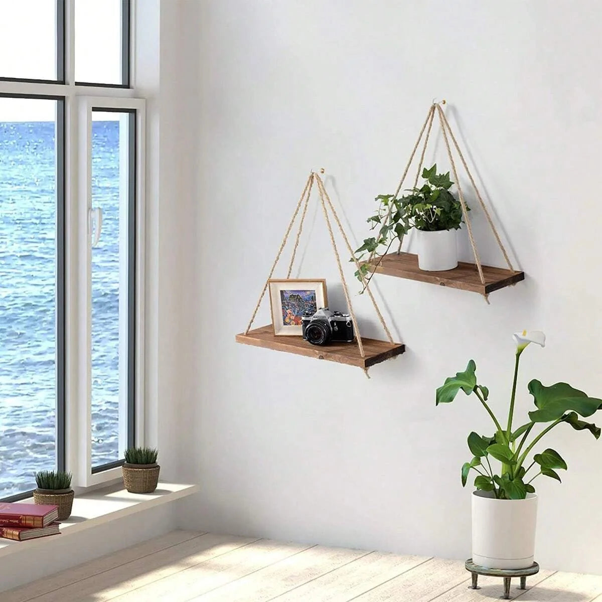 RUSTIC WOODEN HANGING SHELF WITH ROPE – BUY 1, GET 2 FREE