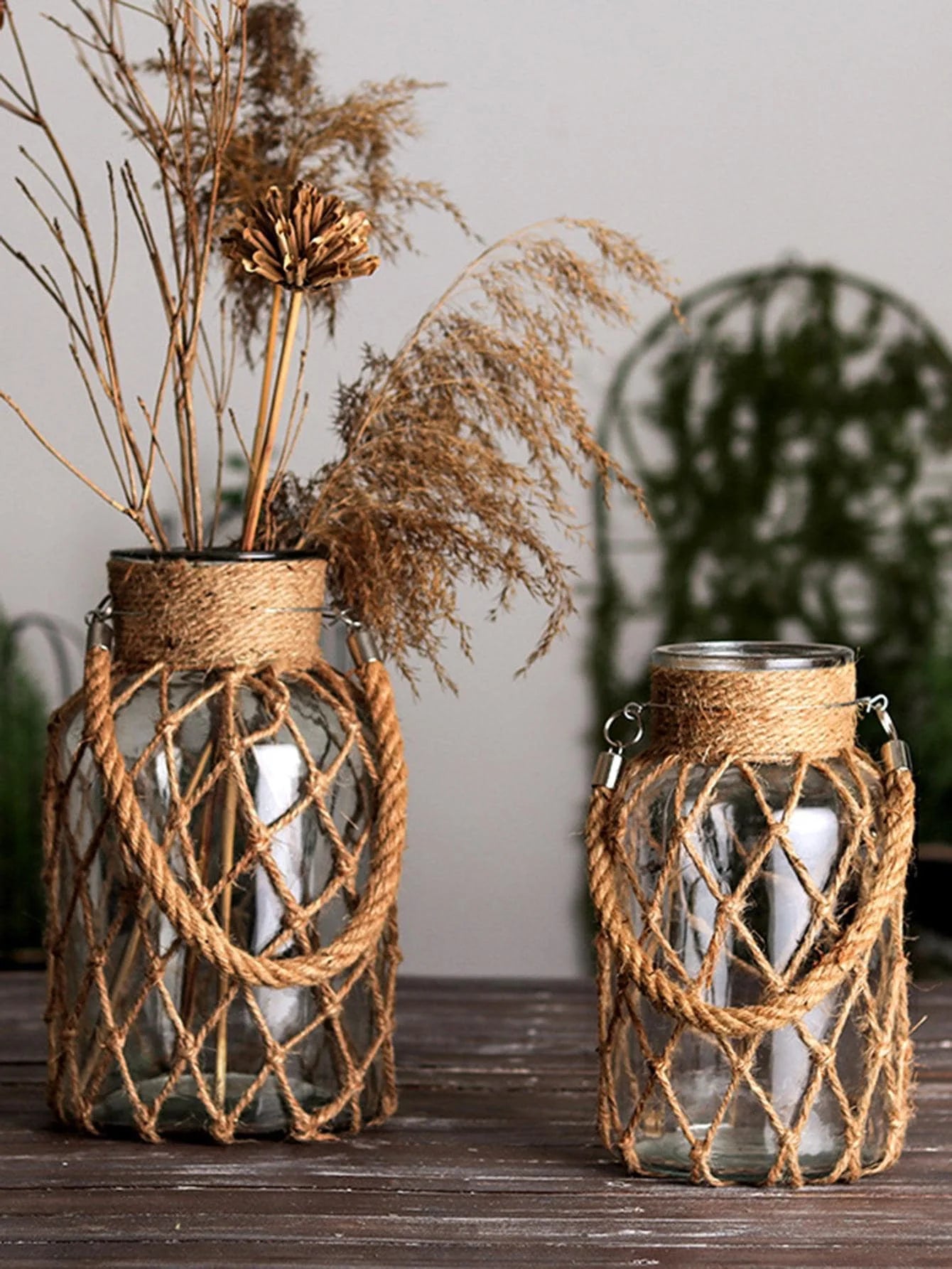 GLASS DECORATIVE JAR WITH RUSTIC ROPE – BOHO VINTAGE STYLE