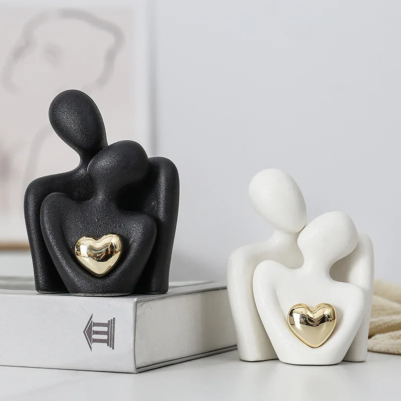 LOVING COUPLE DECORATIVE SCULPTURES – SET OF 2 MINIMALIST CERAMIC PIECES