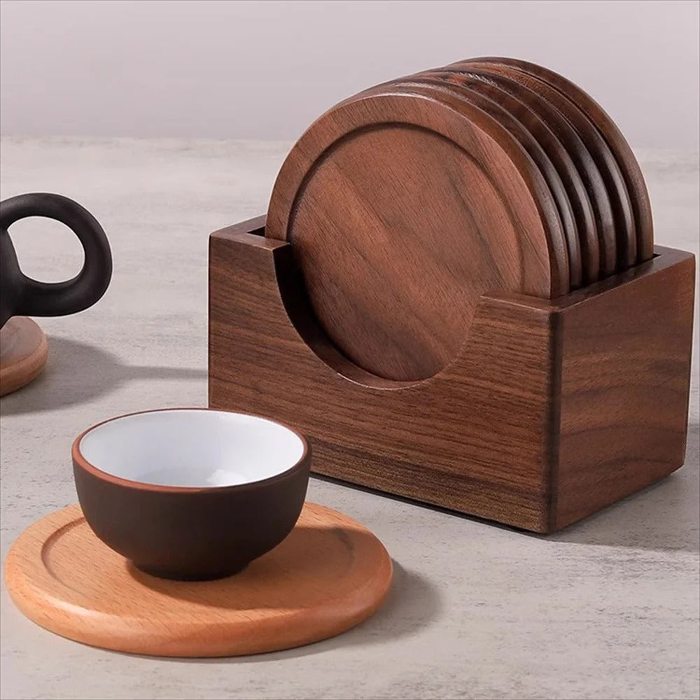 WOODEN COASTER SET WITH HOLDER – NATURAL ELEGANCE FOR YOUR TABLE