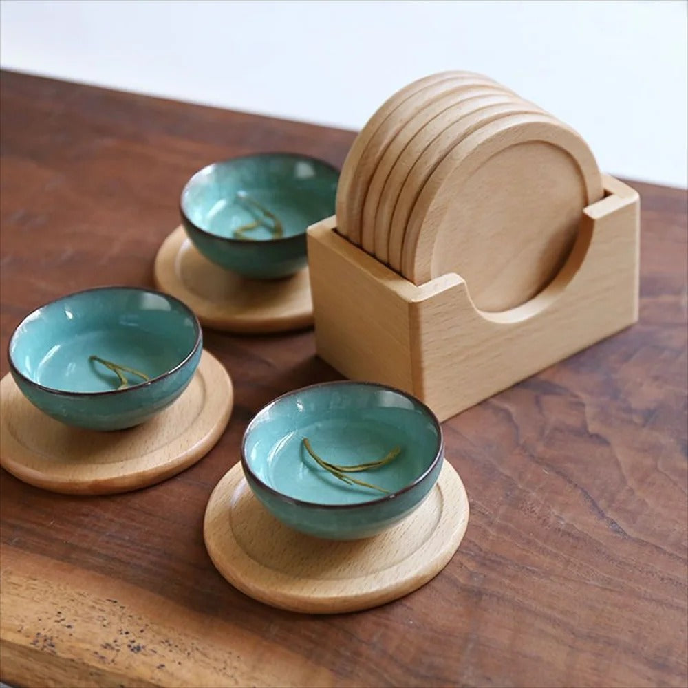 WOODEN COASTER SET WITH HOLDER – NATURAL ELEGANCE FOR YOUR TABLE