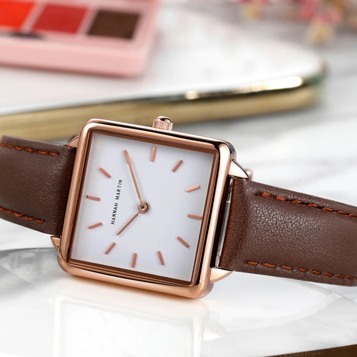 WOMEN'S SQUARE LEATHER WATCH ELEGANCE BROWN 28mm