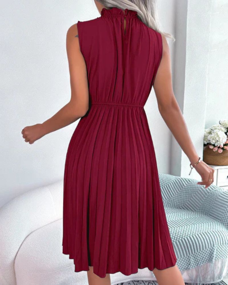 MIDI DRESS WITH HIGH NECK AND PLEATED SKIRT