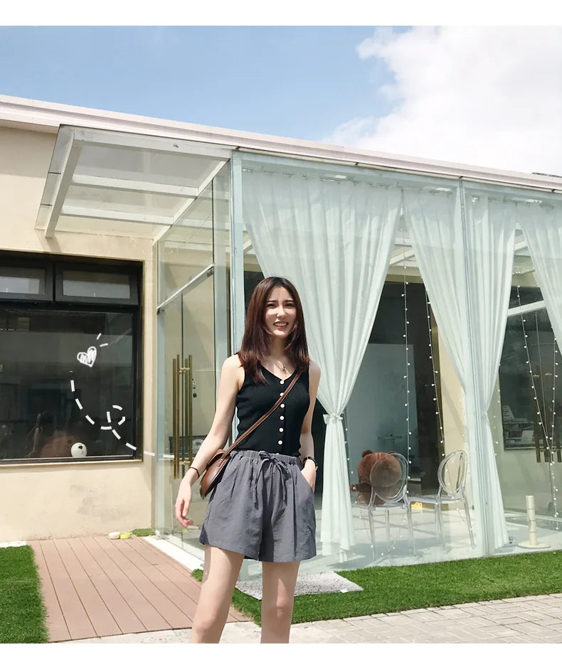 WOMEN'S LINEN SHORTS - ELASTIC WAIST AND DRAWSTRING