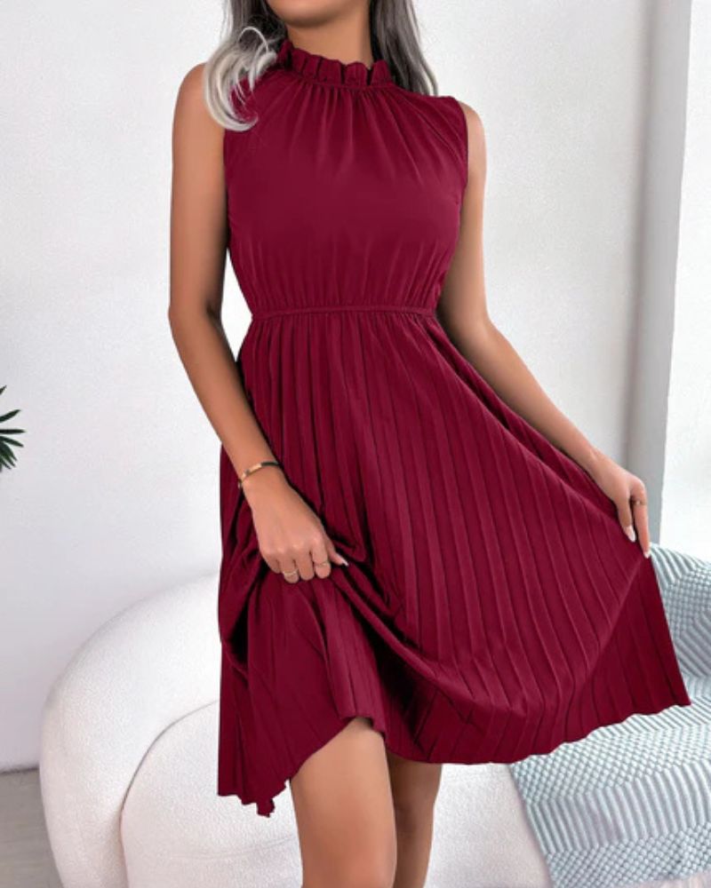 MIDI DRESS WITH HIGH NECK AND PLEATED SKIRT