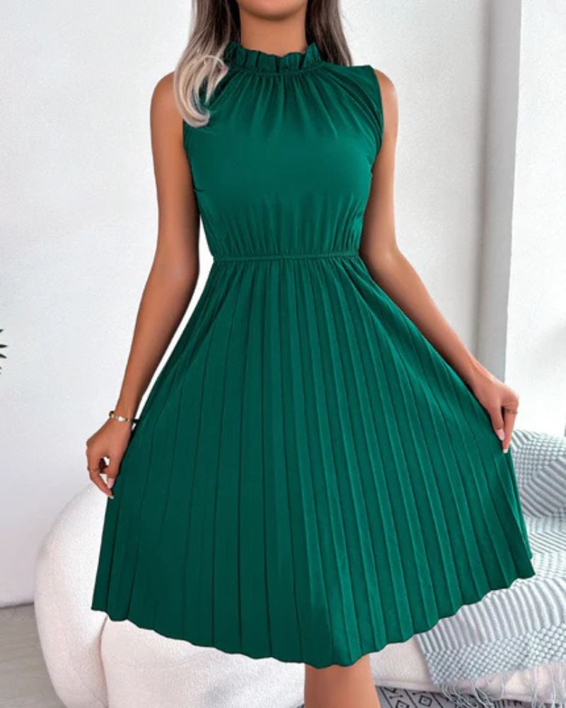 MIDI DRESS WITH HIGH NECK AND PLEATED SKIRT