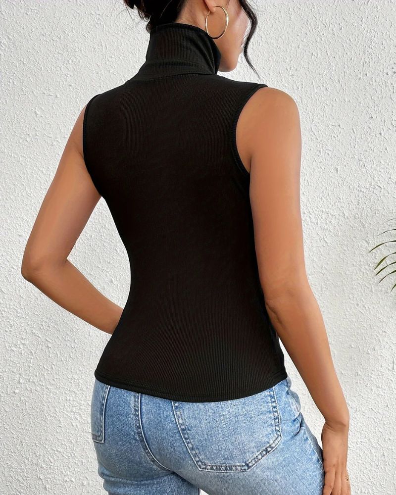 BLACK RIBBED SLEEVELEVS HIGH-NECK TOP